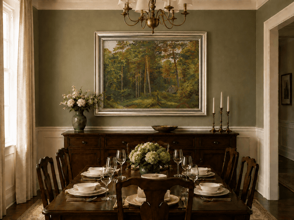 Framed hand-painted woodland oil painting with a secluded cabin among autumn trees displayed above a formal dining table.