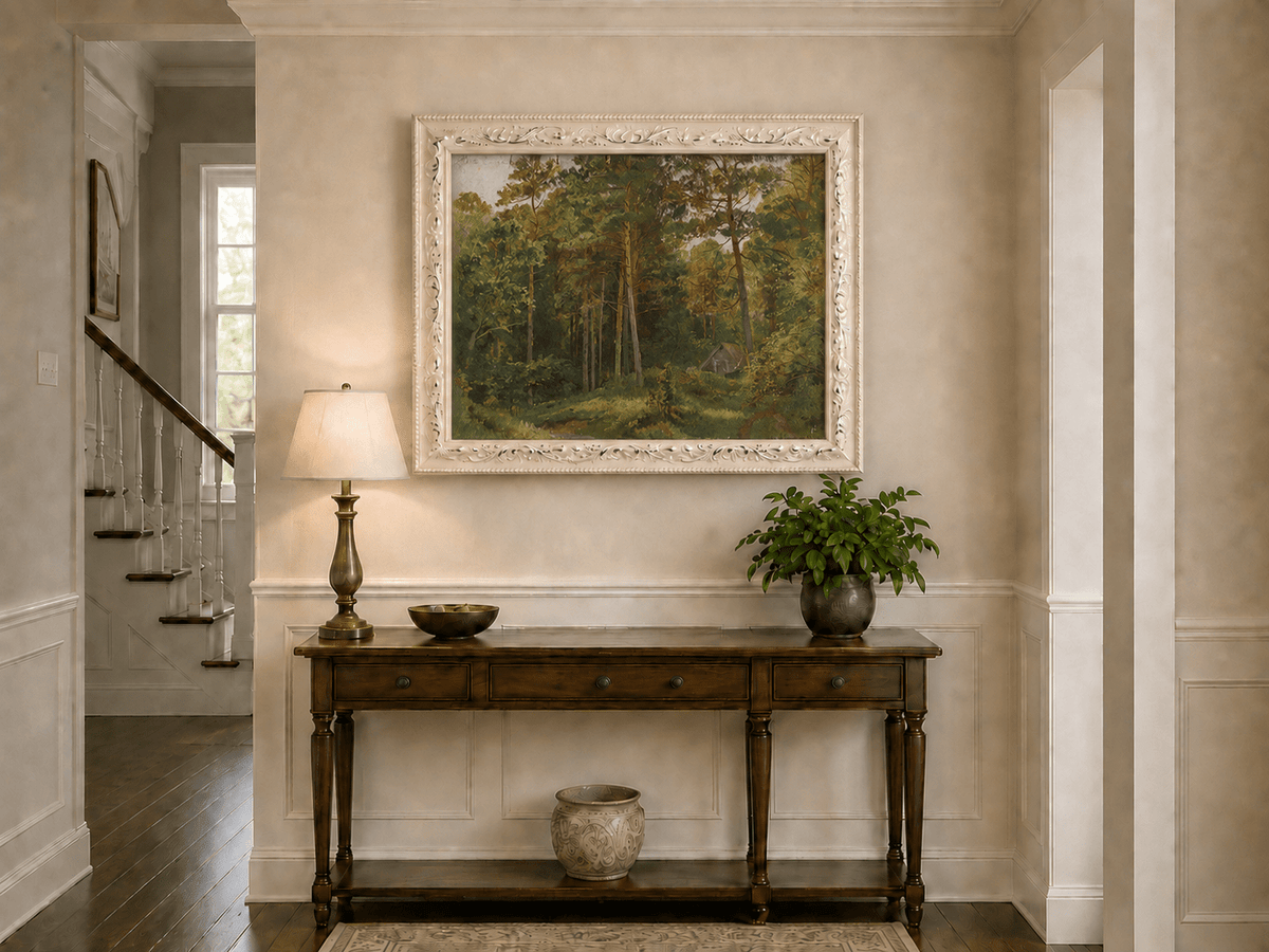 Framed hand-painted woodland oil painting with a secluded cabin among autumn trees displayed above an entryway console table.