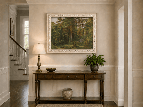Framed hand-painted woodland oil painting with a secluded cabin among autumn trees displayed above an entryway console table.