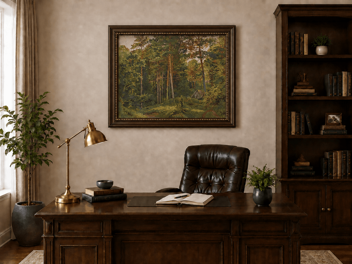 Framed hand-painted woodland oil painting with a secluded cabin among autumn trees displayed above a traditional home office desk.