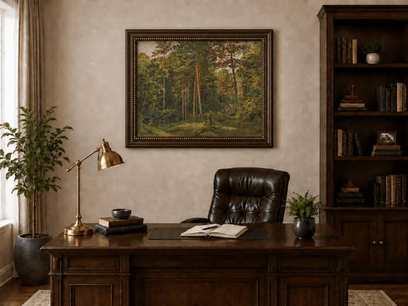 Framed hand-painted woodland oil painting with a secluded cabin among autumn trees displayed above a traditional home office desk.