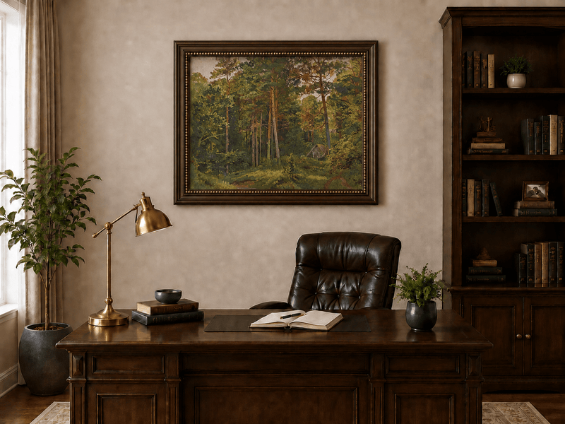 Framed hand-painted woodland oil painting with a secluded cabin among autumn trees displayed above a traditional home office desk.