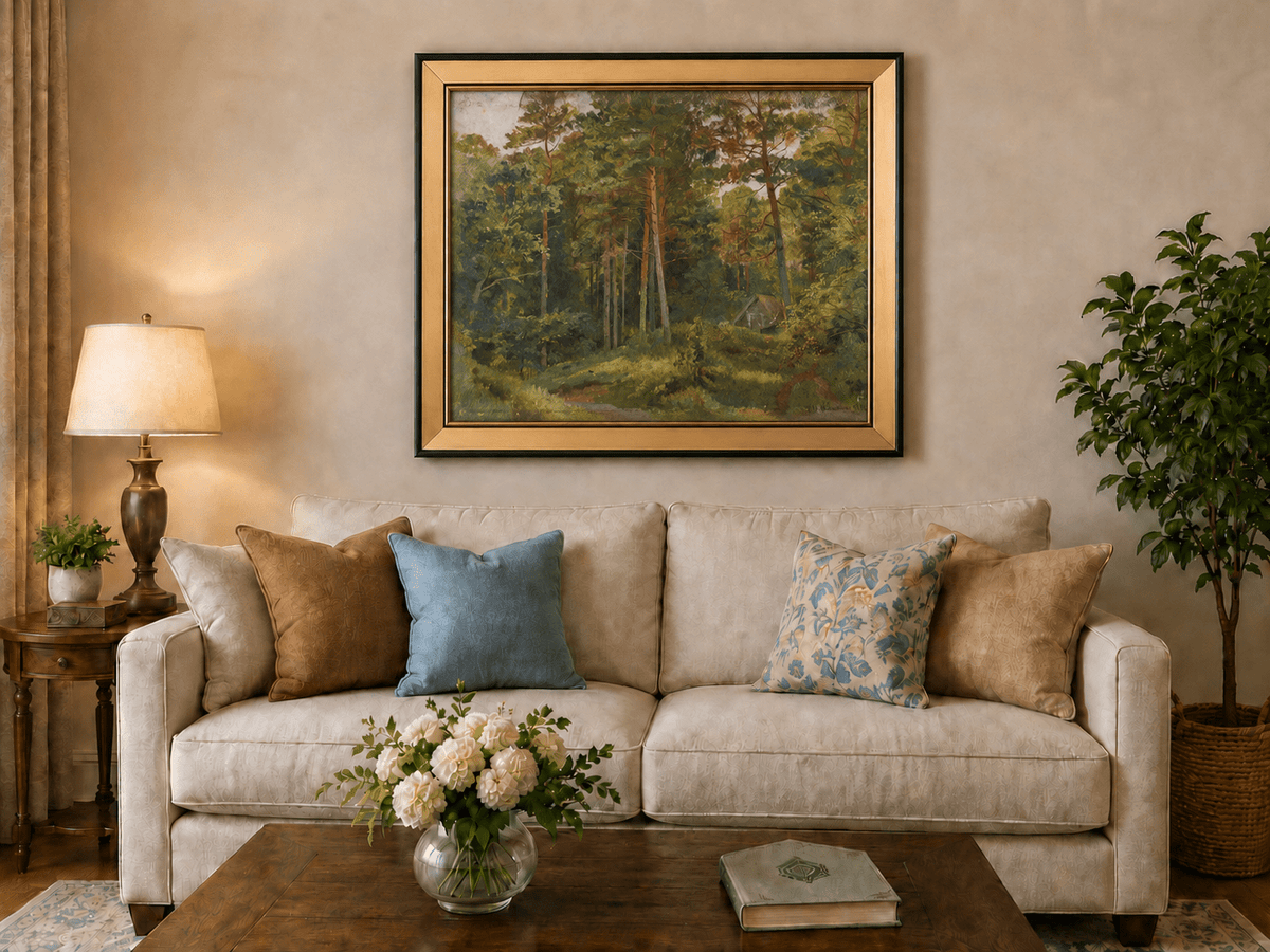 Framed hand-painted woodland oil painting with a secluded cabin among autumn trees displayed above a neutral living room sofa.