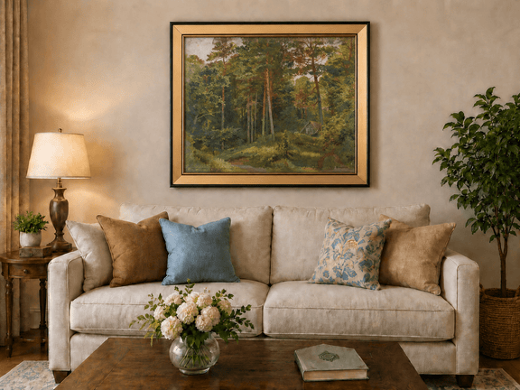 Framed hand-painted woodland oil painting with a secluded cabin among autumn trees displayed above a neutral living room sofa.