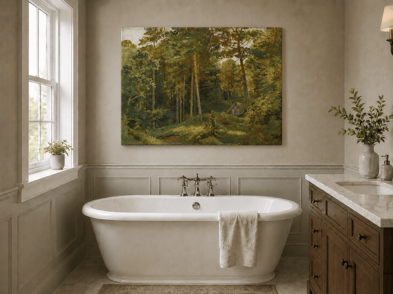 Unframed hand-painted woodland oil painting with a secluded cabin among autumn trees displayed above a freestanding bathtub.