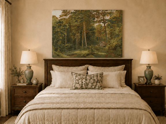 Unframed hand-painted woodland oil painting with a secluded cabin among autumn trees displayed above a wooden bed in a neutral bedroom.