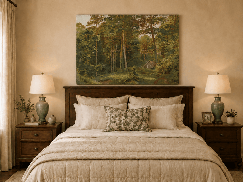 Unframed hand-painted woodland oil painting with a secluded cabin among autumn trees displayed above a wooden bed in a neutral bedroom.