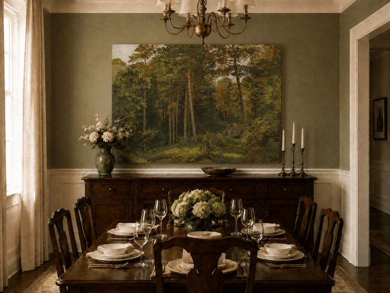 Unframed hand-painted woodland oil painting with a secluded cabin among autumn trees displayed above a formal dining table.