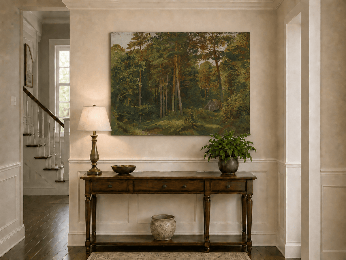 Unframed hand-painted woodland oil painting with a secluded cabin among autumn trees displayed above an entryway console table.