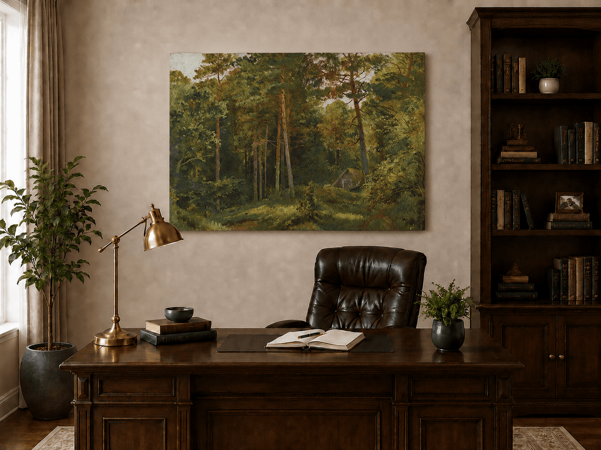 Unframed hand-painted woodland oil painting with a secluded cabin among autumn trees displayed above a traditional home office desk.