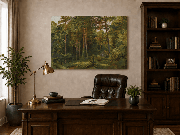 Unframed hand-painted woodland oil painting with a secluded cabin among autumn trees displayed above a traditional home office desk.