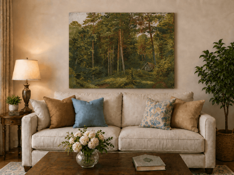 Unframed hand-painted woodland oil painting with a secluded cabin among autumn trees displayed above a neutral living room sofa.