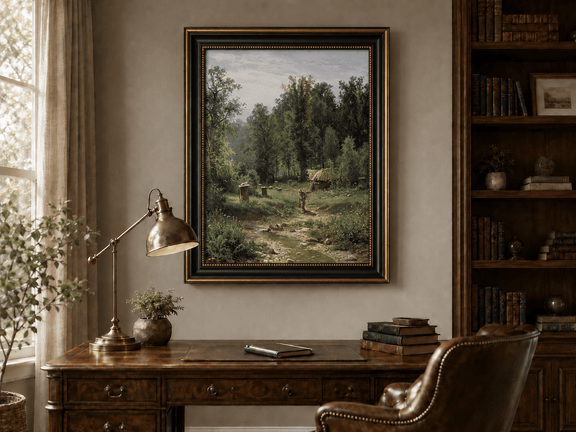 Framed hand-painted forest cottage oil painting with a stream, path and walking figure displayed above a traditional home office desk.