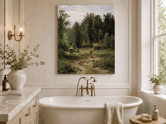 Unframed hand-painted forest cottage oil painting with a stream, path and walking figure displayed above a freestanding bathtub.