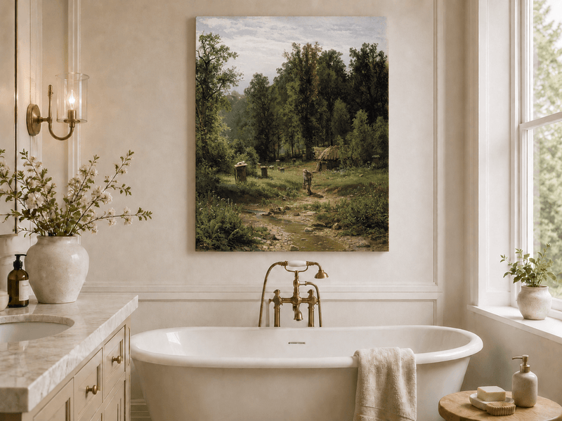 Unframed hand-painted forest cottage oil painting with a stream, path and walking figure displayed above a freestanding bathtub.