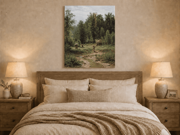 Unframed hand-painted forest cottage oil painting with a stream, path and walking figure displayed above a wooden bed in a neutral bedroom.