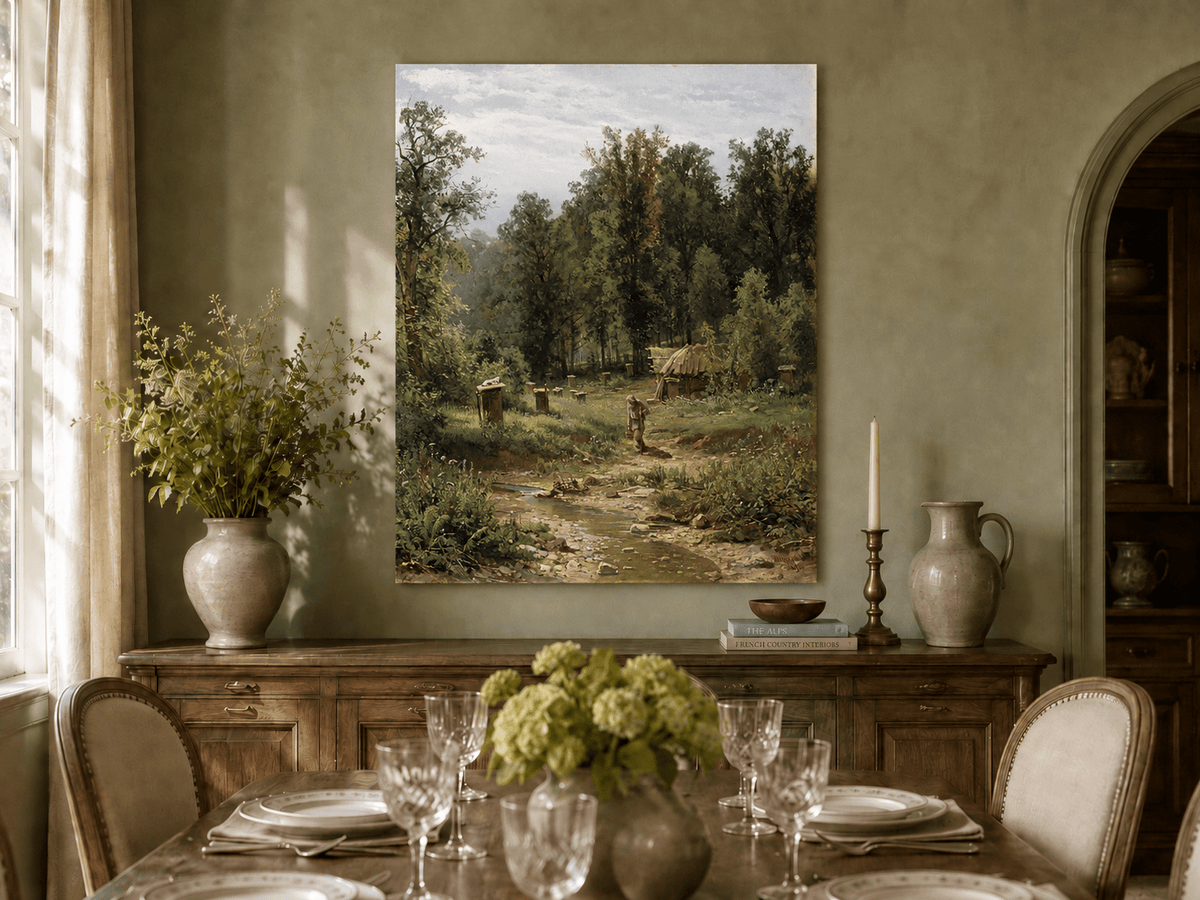 Unframed hand-painted forest cottage oil painting with a stream, path and walking figure displayed above a formal dining table.