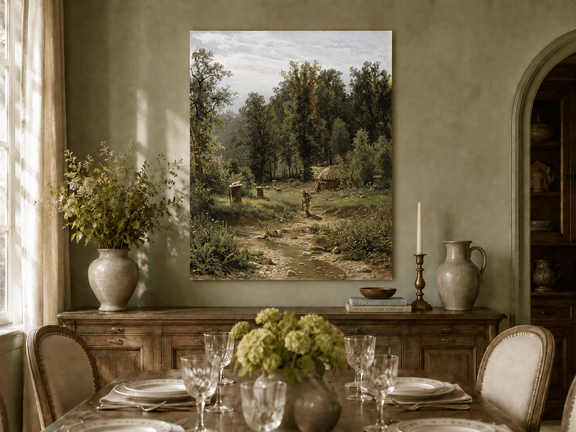 Unframed hand-painted forest cottage oil painting with a stream, path and walking figure displayed above a formal dining table.
