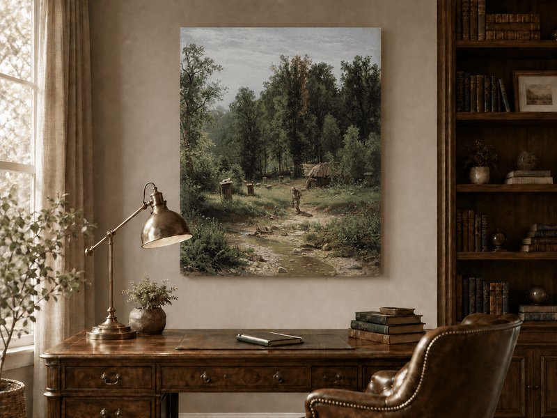 Unframed hand-painted forest cottage oil painting with a stream, path and walking figure displayed above a traditional home office desk.