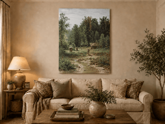 Unframed hand-painted forest cottage oil painting with a stream, path and walking figure displayed above a neutral living room sofa.