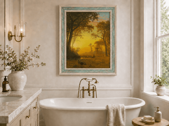Framed hand-painted forest oil painting with deer by a stream at golden sunset displayed above a freestanding bathtub.
