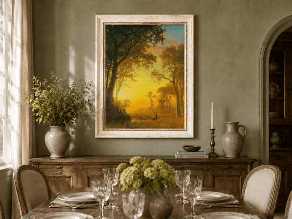 Framed hand-painted forest oil painting with deer by a stream at golden sunset displayed above a formal dining table.