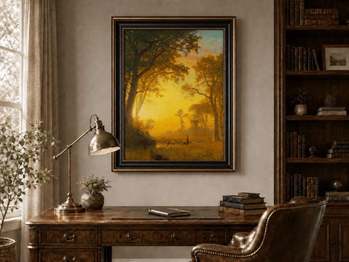 Framed hand-painted forest oil painting with deer by a stream at golden sunset displayed above a traditional home office desk.