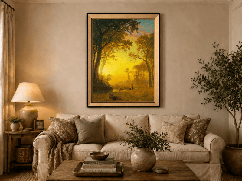 Framed hand-painted forest oil painting with deer by a stream at golden sunset displayed above a neutral living room sofa.