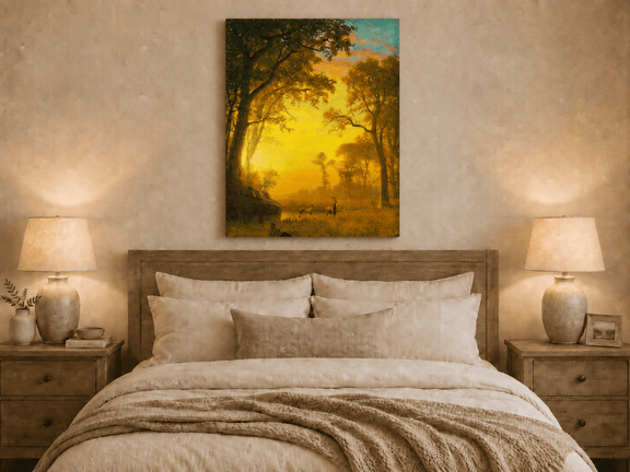 Unframed hand-painted forest oil painting with deer by a stream at golden sunset displayed above a wooden bed in a neutral bedroom.