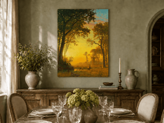 Unframed hand-painted forest oil painting with deer by a stream at golden sunset displayed above a formal dining table.