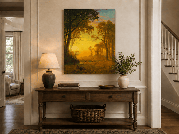 Unframed hand-painted forest oil painting with deer by a stream at golden sunset displayed above an entryway console table.