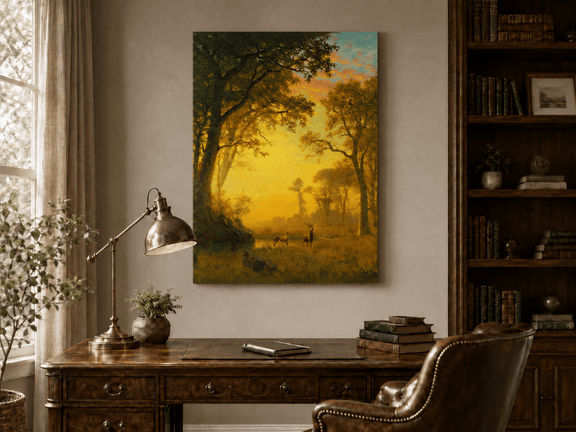 Unframed hand-painted forest oil painting with deer by a stream at golden sunset displayed above a traditional home office desk.