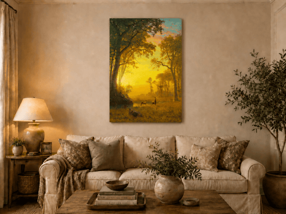 Unframed hand-painted forest oil painting with deer by a stream at golden sunset displayed above a neutral living room sofa.