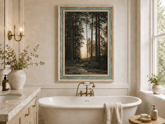 Framed hand-painted forest oil painting with tall pines and figures at dusk displayed above a freestanding bathtub.