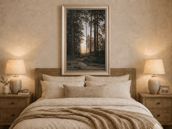 Framed hand-painted forest oil painting with tall pines and figures at dusk displayed above a wooden bed in a neutral bedroom.