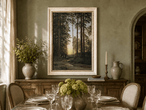 Framed hand-painted forest oil painting with tall pines and figures at dusk displayed above a formal dining table.