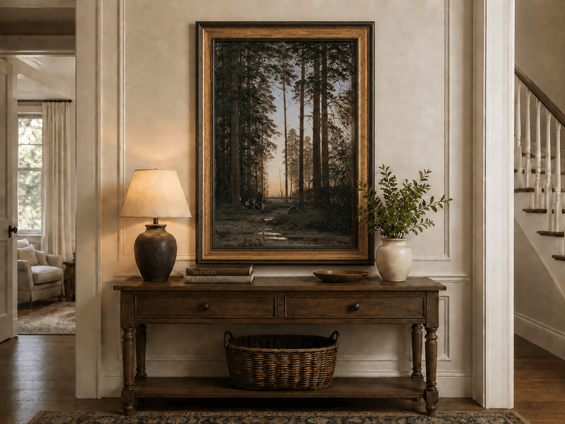 Framed hand-painted forest oil painting with tall pines and figures at dusk displayed above an entryway console table.