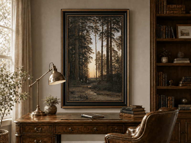 Framed hand-painted forest oil painting with tall pines and figures at dusk displayed above a traditional home office desk.