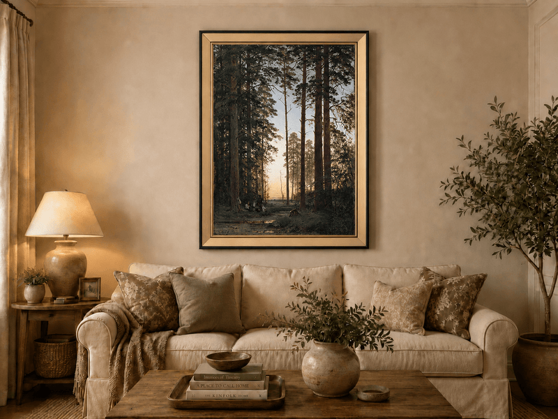 Framed hand-painted forest oil painting with tall pines and figures at dusk displayed above a neutral living room sofa.