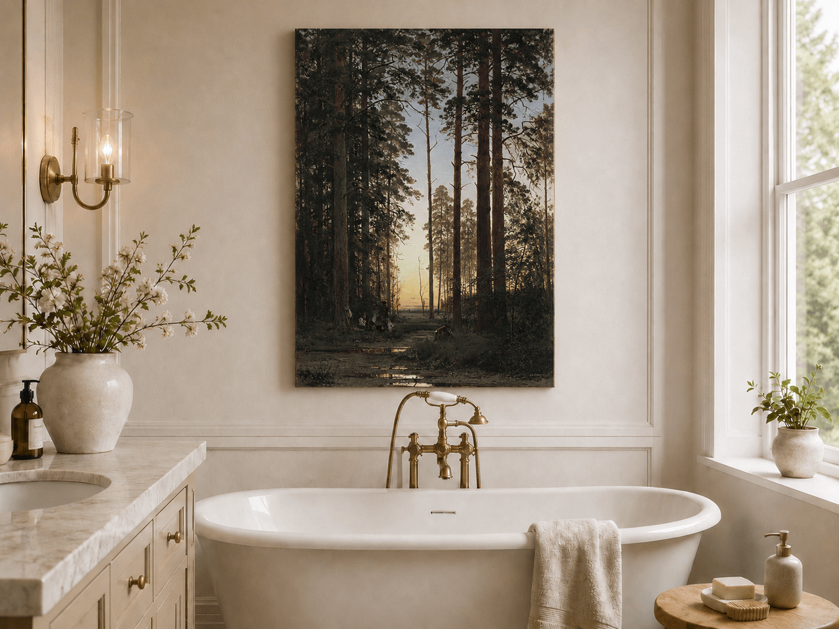 Unframed hand-painted forest oil painting with tall pines and figures at dusk displayed above a freestanding bathtub.