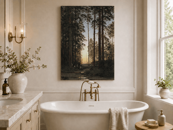 Unframed hand-painted forest oil painting with tall pines and figures at dusk displayed above a freestanding bathtub.