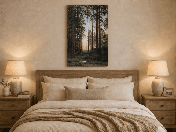 Unframed hand-painted forest oil painting with tall pines and figures at dusk displayed above a wooden bed in a neutral bedroom.