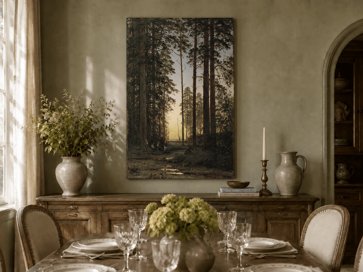 Unframed hand-painted forest oil painting with tall pines and figures at dusk displayed above a formal dining table.