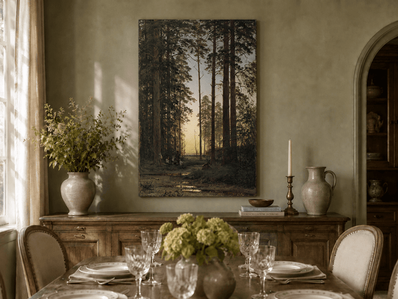 Unframed hand-painted forest oil painting with tall pines and figures at dusk displayed above a formal dining table.