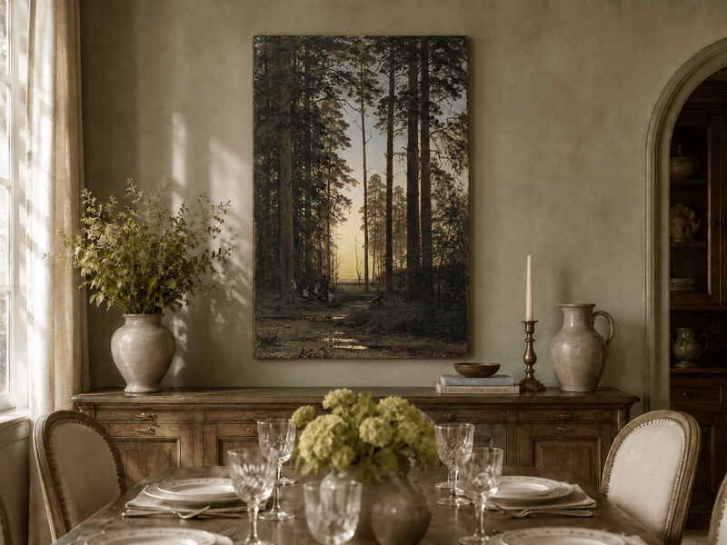 Unframed hand-painted forest oil painting with tall pines and figures at dusk displayed above a formal dining table.