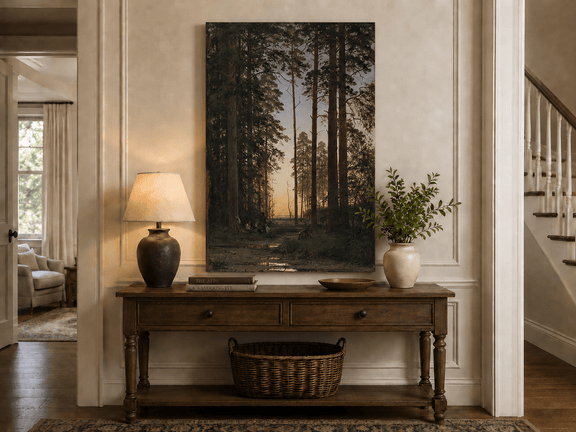 Unframed hand-painted forest oil painting with tall pines and figures at dusk displayed above an entryway console table.
