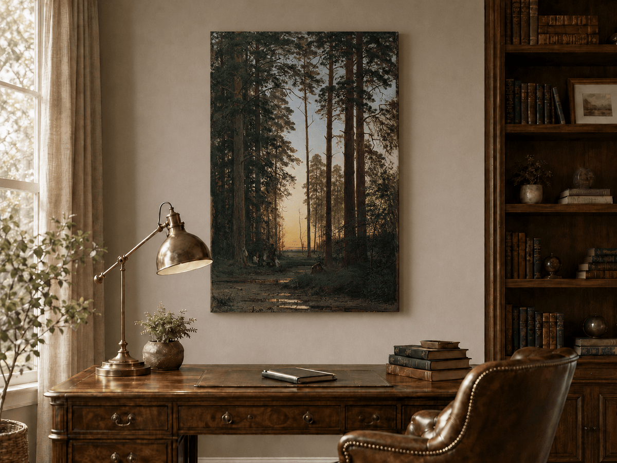 Unframed hand-painted forest oil painting with tall pines and figures at dusk displayed above a traditional home office desk.