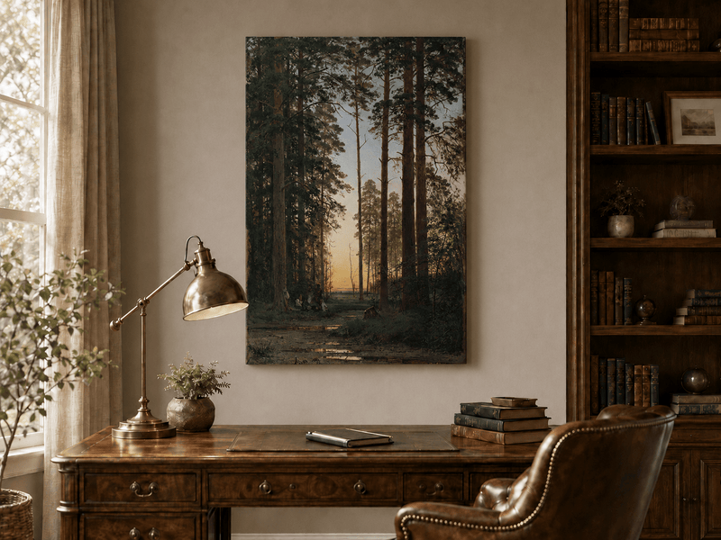 Unframed hand-painted forest oil painting with tall pines and figures at dusk displayed above a traditional home office desk.