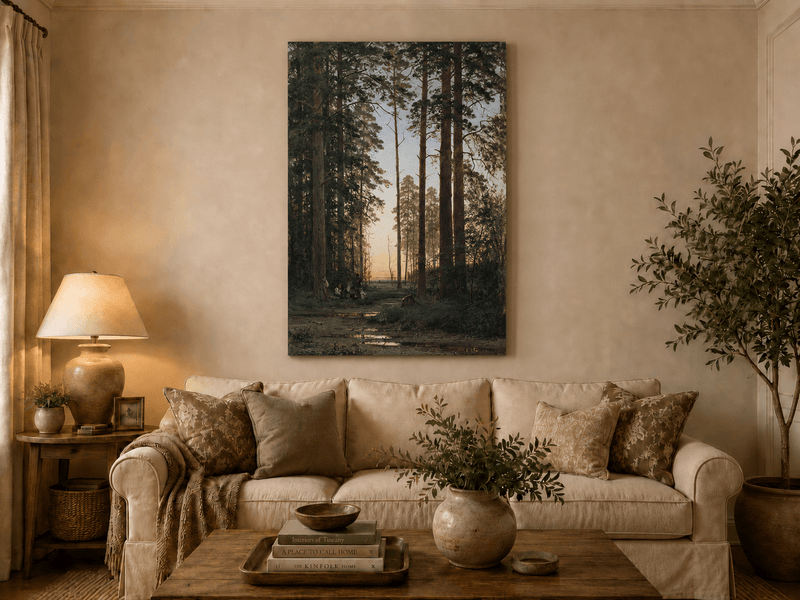 Unframed hand-painted forest oil painting with tall pines and figures at dusk displayed above a neutral living room sofa.