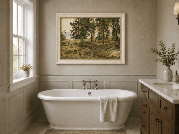 Framed hand-painted forest edge oil painting with an open distant countryside view displayed above a freestanding bathtub.